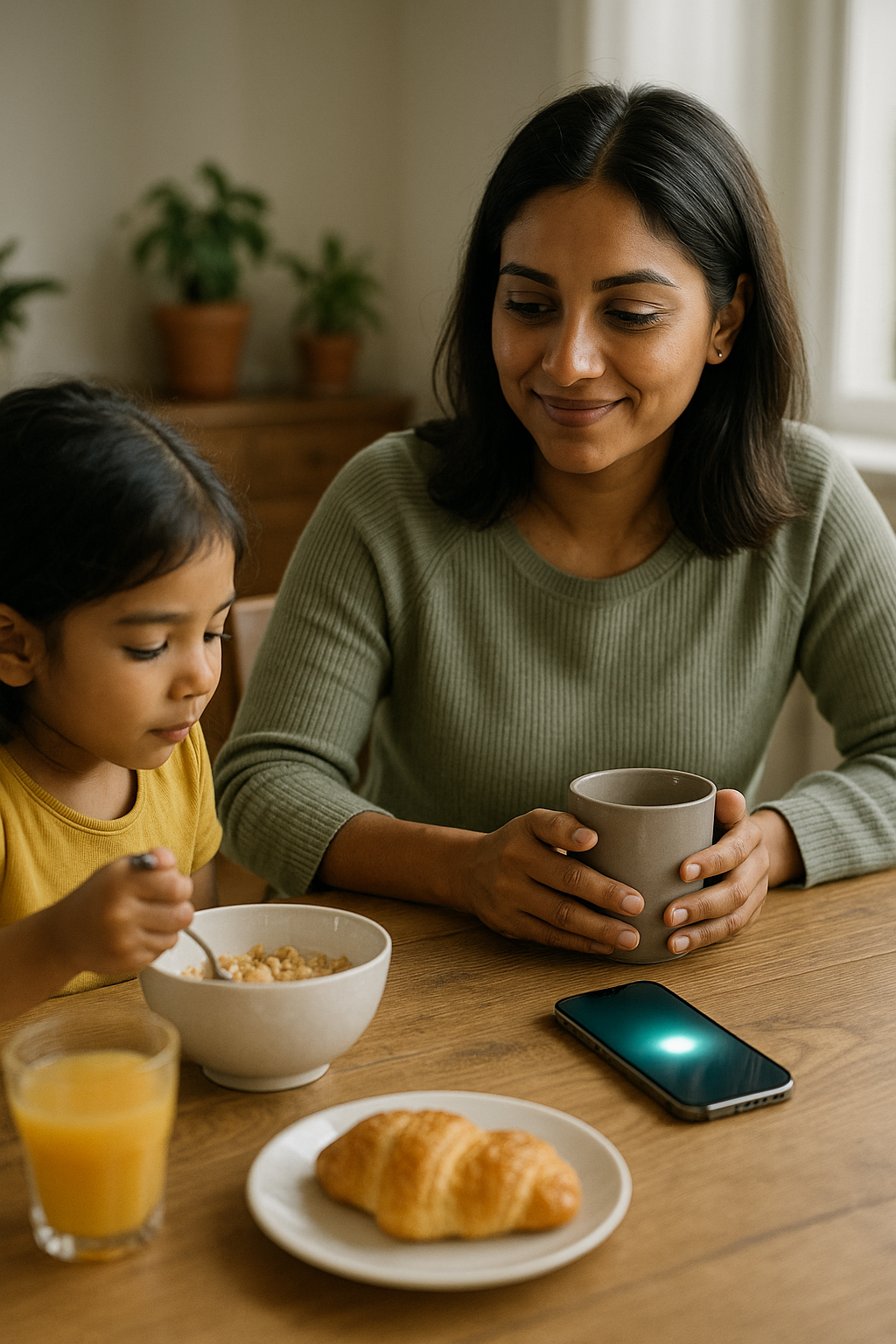 A phone lighting up during breakfast